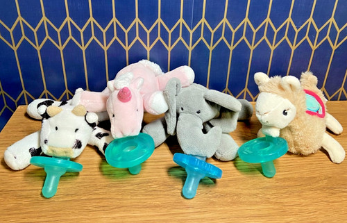 WubbaNub Soothie Plush Pacifier LOT OF 4 Cow Unicorn Elephant Llama Elephant