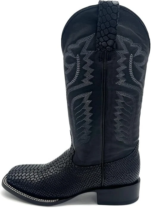 Genuine Leather Exotic Python Print Square Toe Cowboy Western Boots - Black - Image 2 of 4