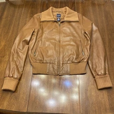 Vintage 90s GAP Genuine Leather Brown Trucker Biker Moto Bomber Jacket Y2K M