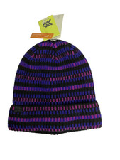 All In Motion Girls Purple/Black Striped Beanie Hat Fleece Lined Cap One Size