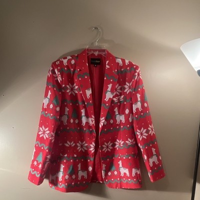 Happy Hour Men's Red Christmas Holiday Pattern Lined 2-Button Blazer Size M