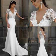 Bohemian Mermaid Wedding Dresses Lace V Neck Short Sleeve Floor Long Elegant