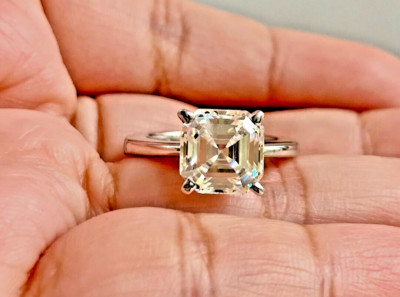 14K White Gold Solitaire Asscher Moissanite Double Prong Wedding Ring For Women