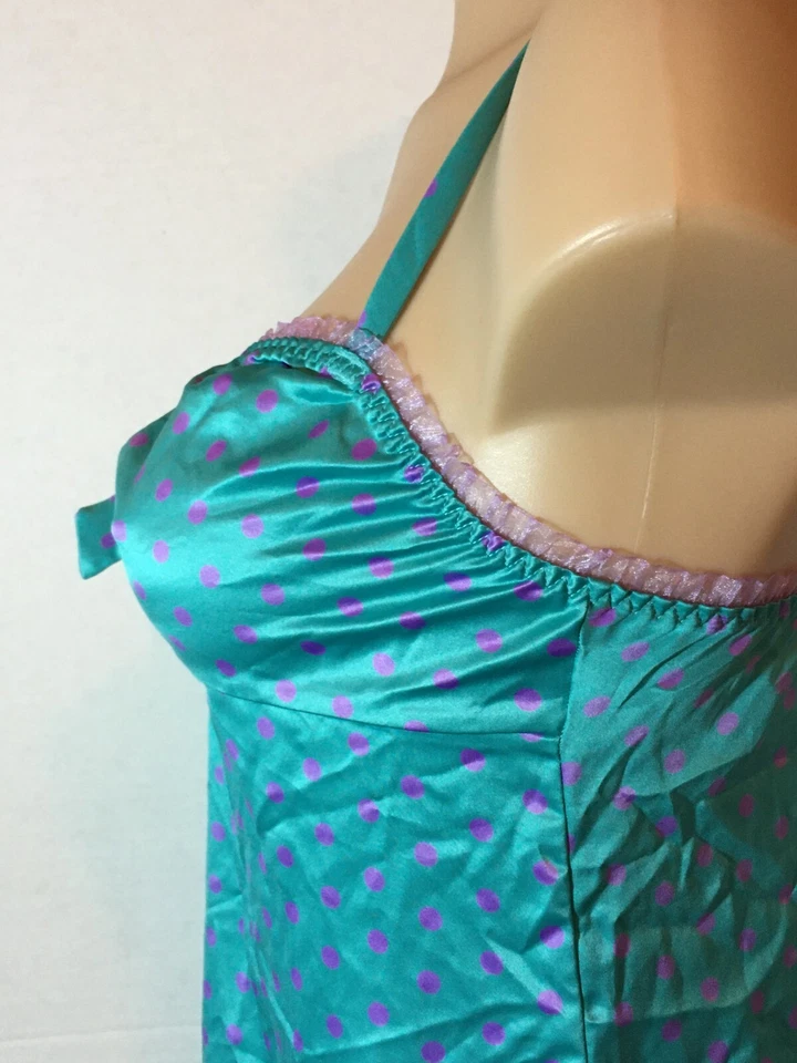 VICTORIA'S SECRET Camisón Satinado Sedoso M 36 Botones Verde Púrpura Lunares De Colección 2007 Foto 3 de 4