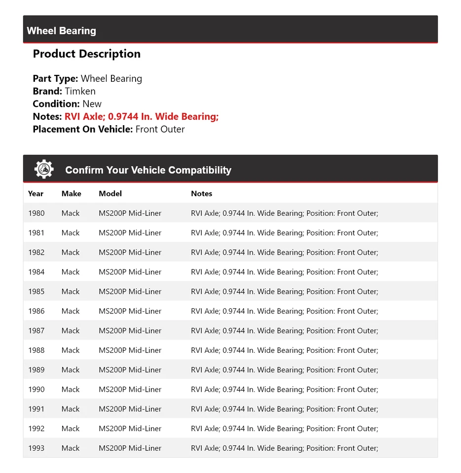 Cojinete de rueda delantero exterior Timken para 1980-1982, 1984-1993 Mack MS200P Foto 2 de 4