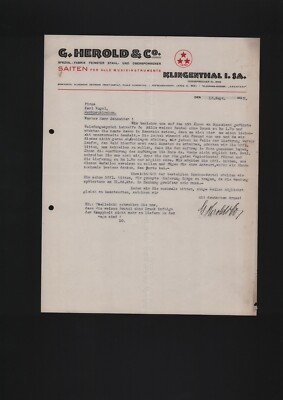 KLINGENTHAL, Letter 1937, G. Herold & Co. String Factory for Musical Instruments