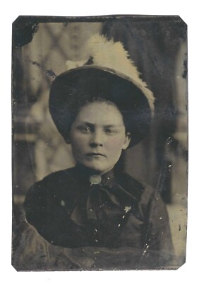 Tintype c. 1880s Woman in Mourning Dress Fancy Feather Hat Tinted