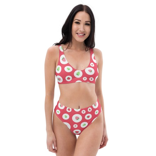 Red green & white polka dot strawberries high-waisted bikini - Picture 2 of 43