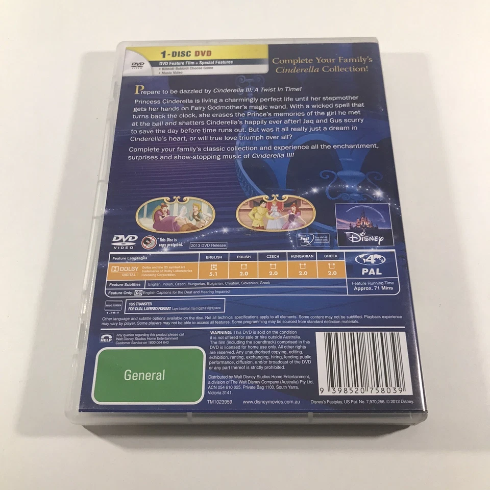 Cenicienta III A Twist In Time DVD Película Animada Disney Región 4 PAL Foto 2 de 4