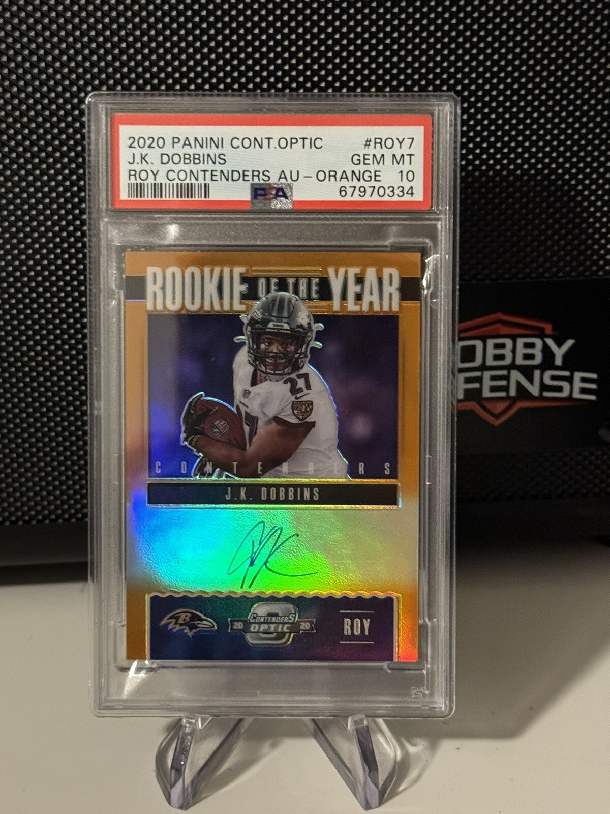 2020 Contenders Optic JK Dobbins Orange Prizm Rookie of the Year Auto /50 PSA 10