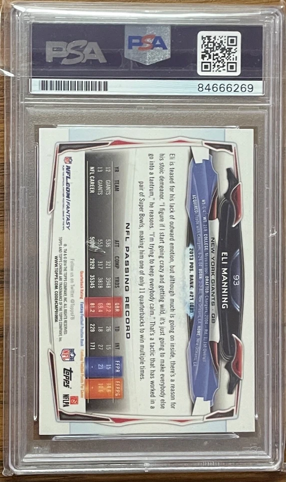 Eli Manning Signed Panini Trading Card PSA DNA Authentic Auto 2014 Topps Chrome - Image 2 of 2