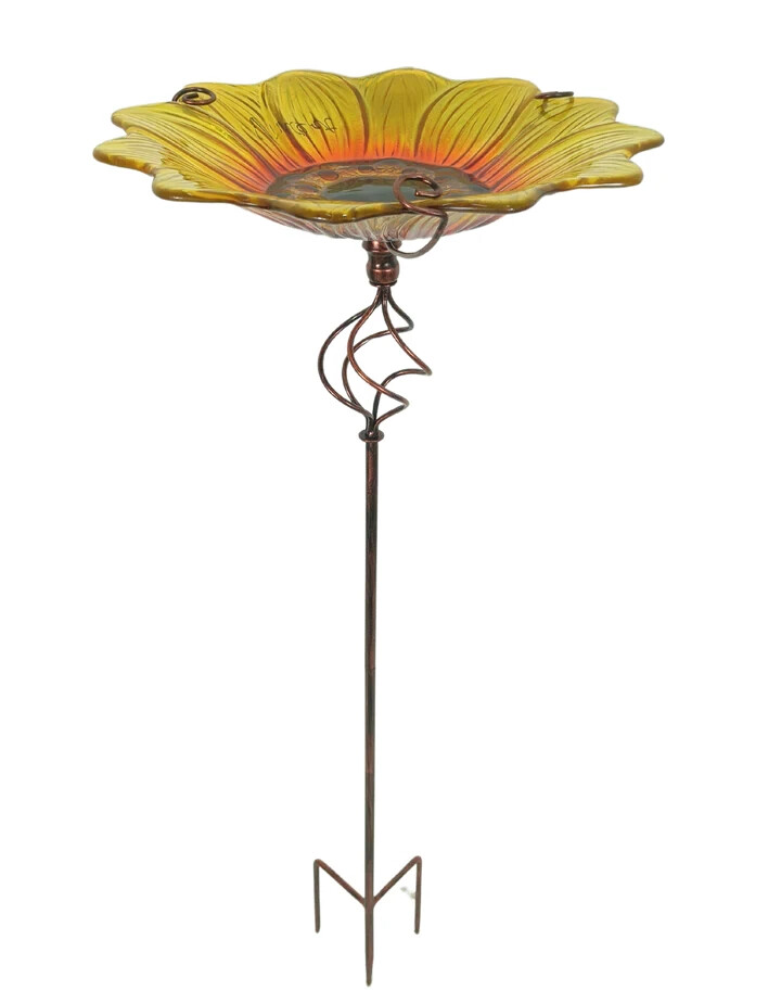 Sunflower Glass Bird Feeder Stake/ Bird Bath By Creekwood Brightly Coloured