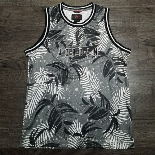 NIKE Air Jordan Wings Floral Basketball Jersey Mens MEDIUM Tank Grey White Black - 第 1/6 張圖片