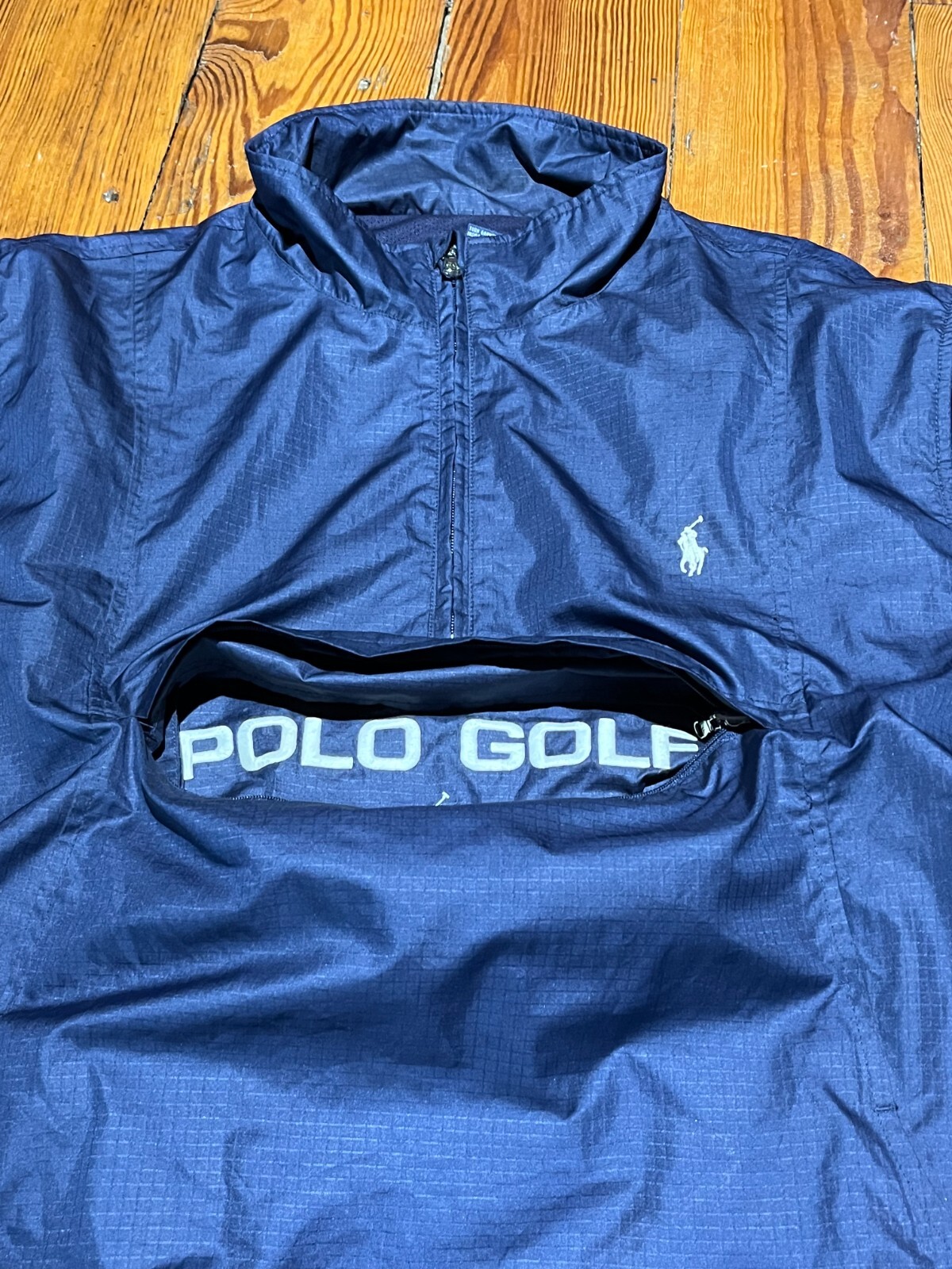 PONY Polo Golf Ralph Lauren Uomo XL Blu Navy Giacca a Vento 1 4 Zip Pullover Pochette