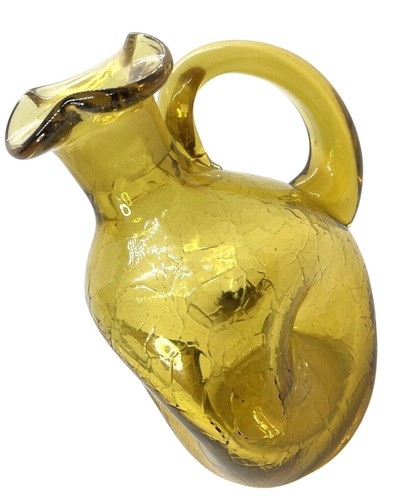 Blenko Amber Crackled Glass Pitcher Triangular & Pinched Hand Blown MCM - Picture 10 of 20