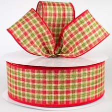 2.5" wired ribbon Christmas faux burlap gingham check red green plaid 5 yards
