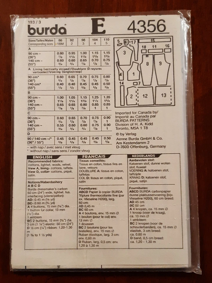 BURDA PATTERN - 4356 GIRL BOY OVERALLS PINAFORE JACKET SAILOR COLLAR 18m-5 UNCUT - Image 2 of 2