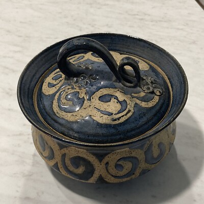 Hand Thrown Pottery Bowl/Planter Blue w/Swirls 5.5 T x 6.5  Diameter  J. Brater