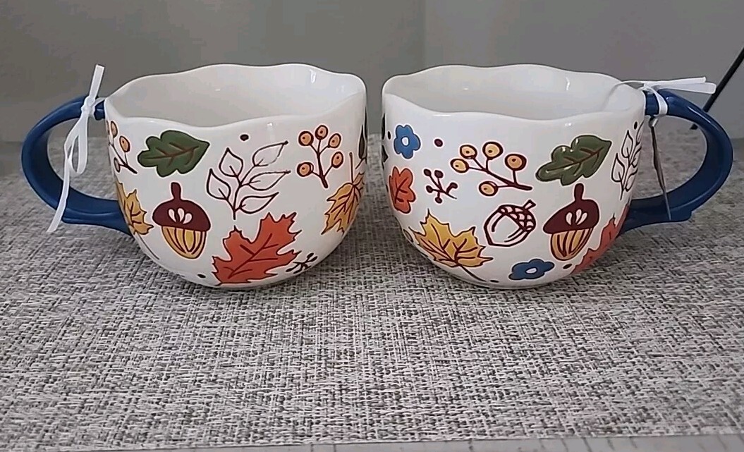 2 X Fall Flower Coffee Cappuccino Mug 14 oz Lang Embossed Hand Painted  Scalloped
