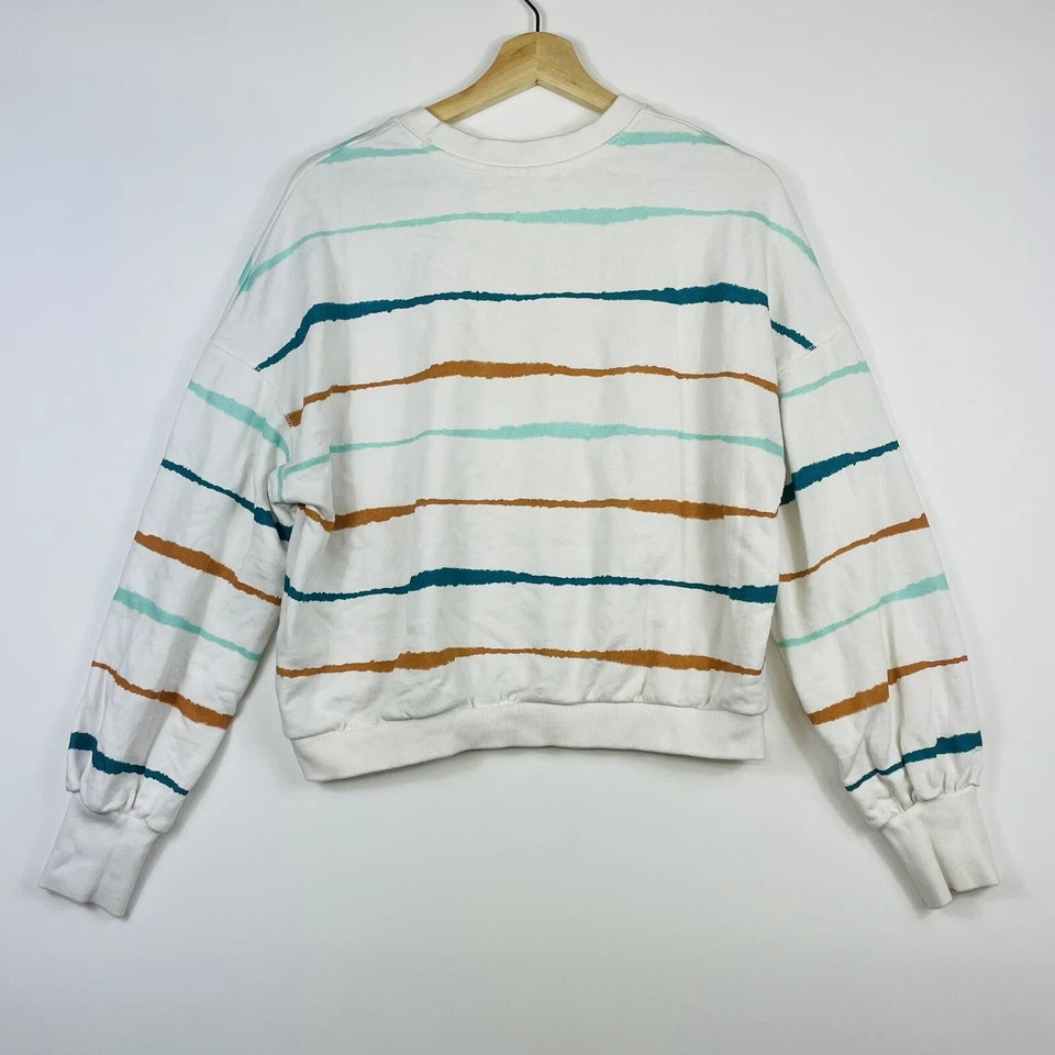 Roxy Surf Womens Junior Medium Beige Teal Stripe Cropped Sweatshirt Pullover Top - Image 4 of 4