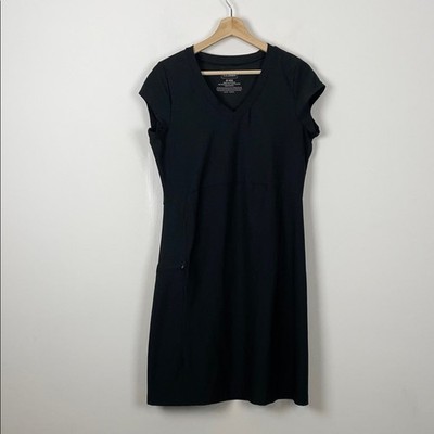 LL Bean Athletic Short Cap Sleeve Zip Pocket V Neck  Black Women's M Reg Dress