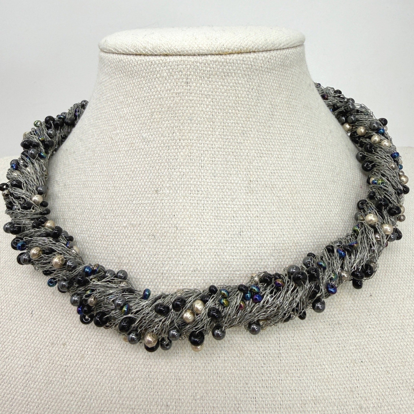 Wire Wrapped Pearl Beaded Statement Necklace Blac… - image 1