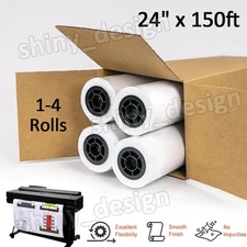 Wide Format Plotter Paper 24" x 150' 20LB Inkjet Bond Rolls 2" Core 1-4 Rolls