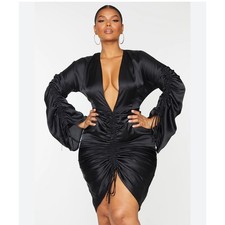 Plus Black Satin Plunge Ruched Dress
