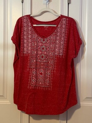 Style & Co. Red Short-Sleeve Embroidered V-Neck Tee