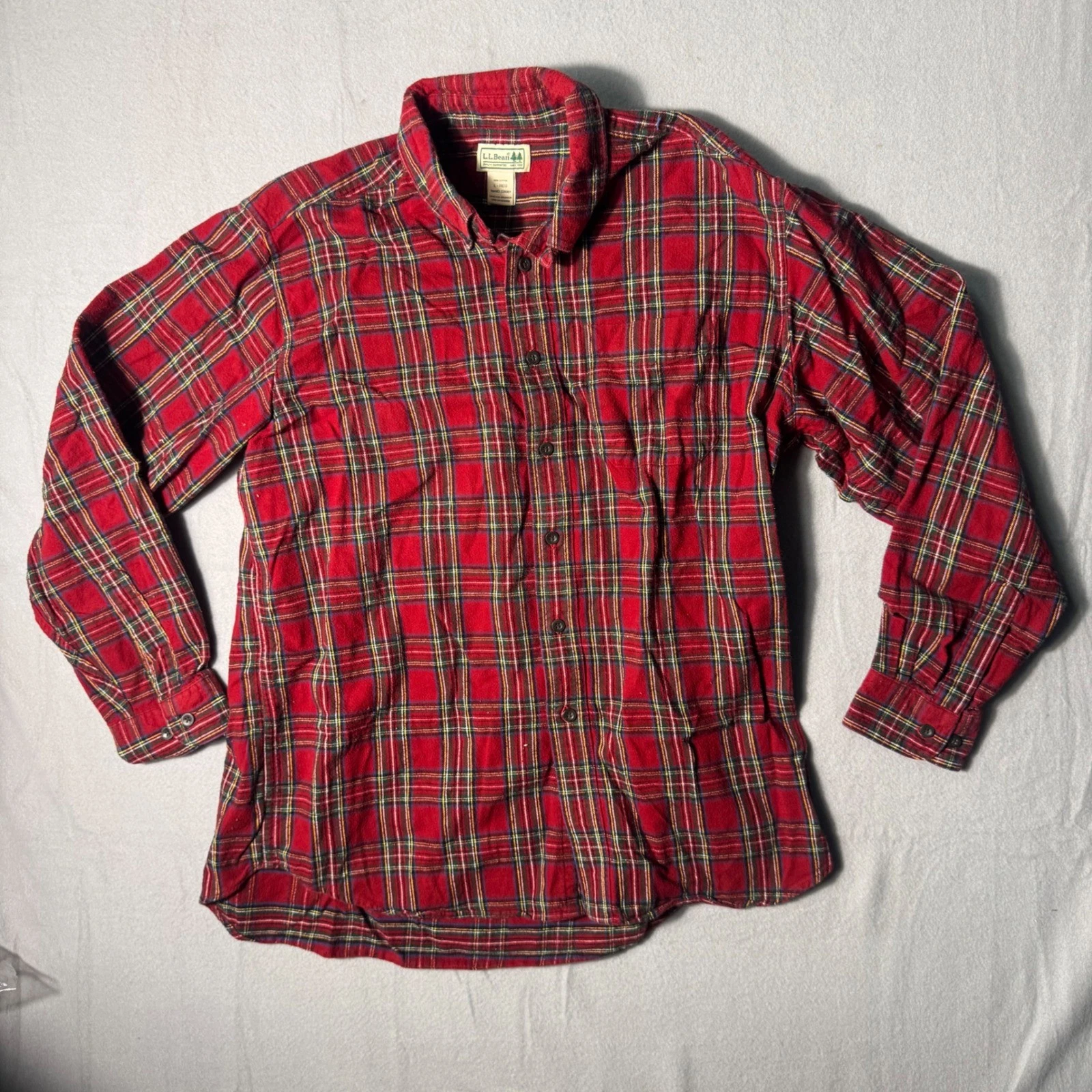 LL Bean Red Plaid Flannel Button Down Shirt Mens Large 228061 Cotton Long Sleeve