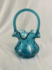 Vintage Fenton Art Glass Teal Coin Spot Basket 7 3/4"