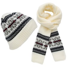 Nordic Snowflake Knit Adult Beanie Hat and Scarf Set in Ivory
