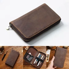 Genuine Leather Pen Holder Case Vintage Fountain Pen Stationery Organizer Bag