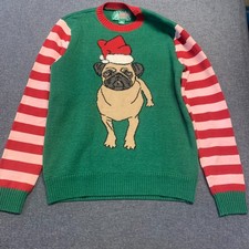 Ugly Christmas Men  s Sweater Size M Green Pug Dog Santa Hat Holiday Knit Striped