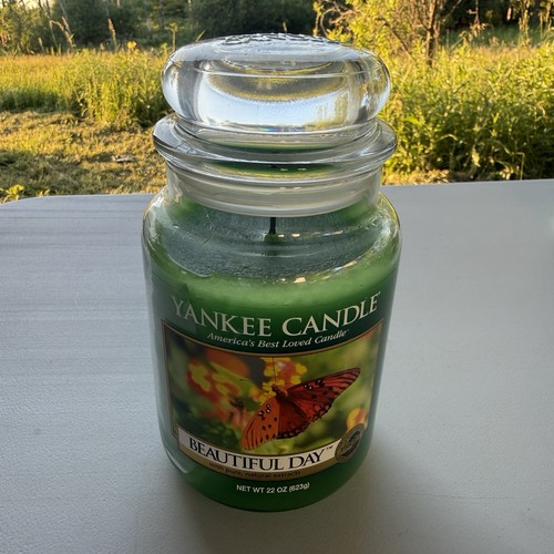 Yankee Candle Retired "BEAUTIFUL DAY" Large 22 oz WHITE LABEL Burned Once