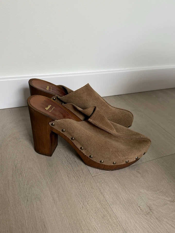 Zuecos de tacón de madera de gamuza marrón de cuero real Bata de colección y2k años 2000 talla 39 Foto 4 de 4