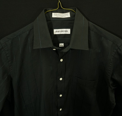 John Henry Men s L 16' 34/35 Black Satin Pique Stripe Shirt Long Sleeve Western