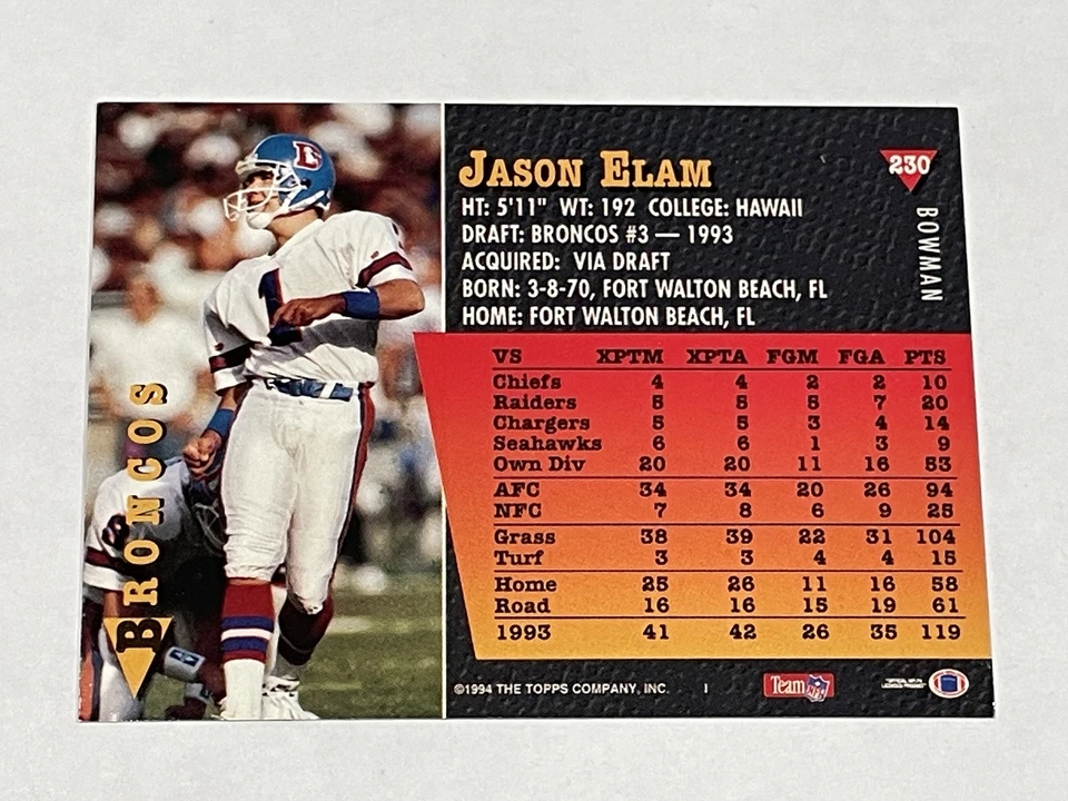 1994 Bowman Football Foil #230 - Jason Elam RC- Denver Broncos - Image 2 of 2