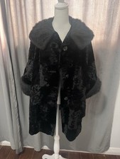 Vintage Black Faux Fur Pea Coat  Heavy , Fur Collar And Cuffs Pockets , Med
