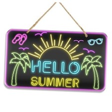 Neon Hello Summer Acrylic Door Sign-Summer For Front Door Hanger- 5.7" 10"x5.7"