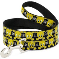 "Dog Leash Tweety Bird & Crossbones Black/White/Yellow Wide 1.5\" (Us Import)"