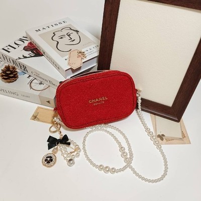 Red Glitter Mini Cosmetic Bag Pearl Chain Crossbody Pouch Evening Purse