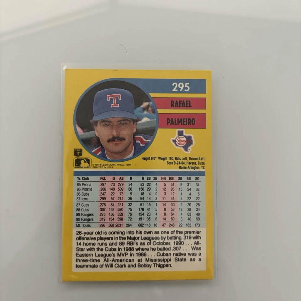 1991 Fleer Rafael Palmeiro #295 Texas Rangers Baseball Card - Image 2 of 2
