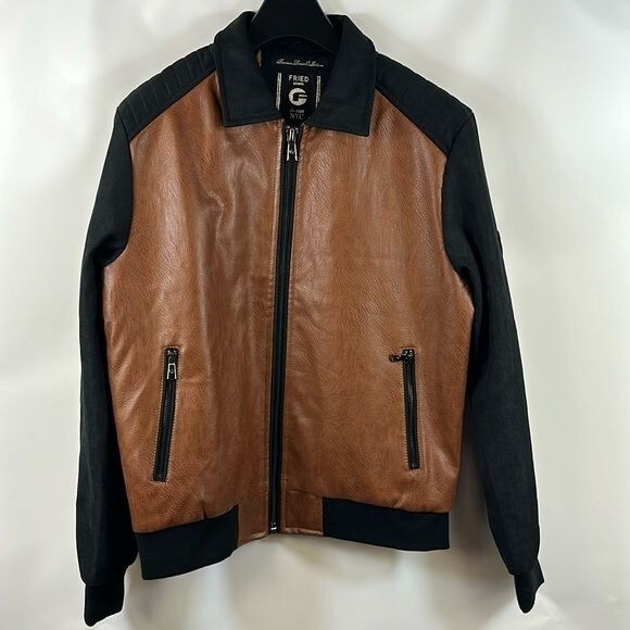 Fried Denim NYC| Men's M Brown Black Zip Jacket Faux Leather Fried Denim NYC| Men's M Brown Black Zip Jacket Faux Leather