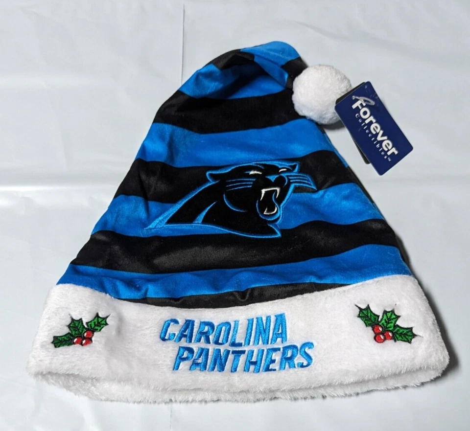 FOREVER COLLECTIBLES Carolina Panthers Team Logo Holiday Plush Santa Hat NEW! Christmas STRIPED