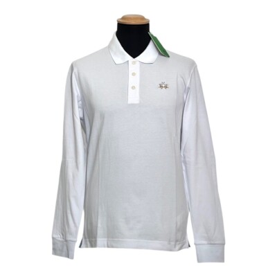 La Martina Long Sleeve Polo Shirt For Men L/S Piquet White Slim Fit New 