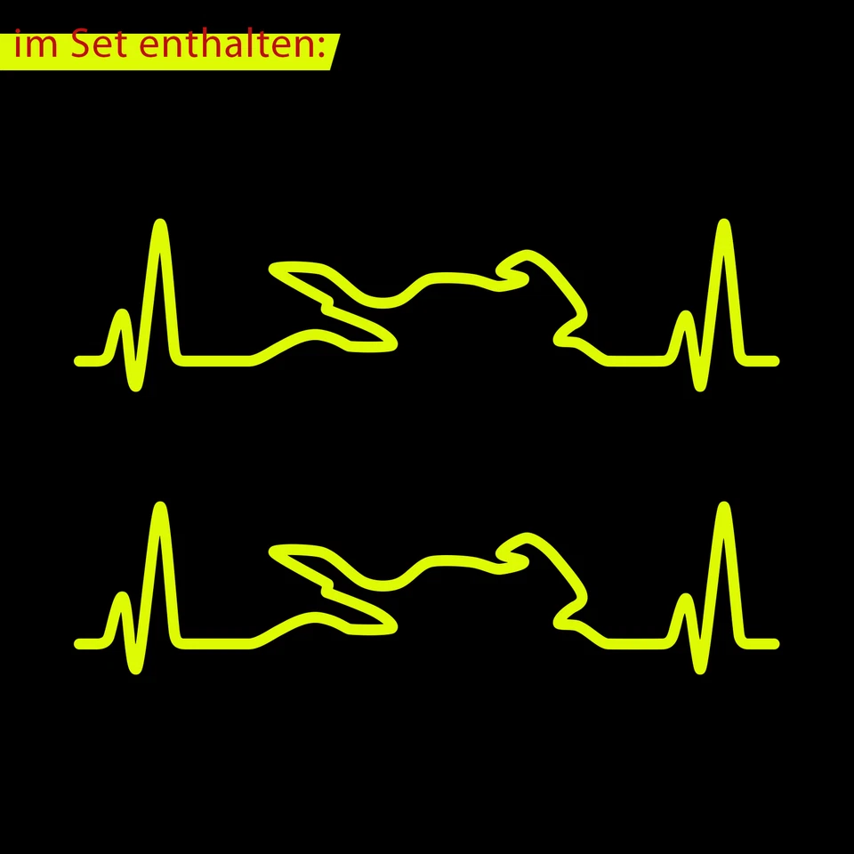 2er Set Bike Aufkleber Herzschlag Neon Gelb 12x3cm Motorrad Auto Helm K158 - Bild 2 von 4