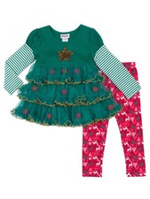 Toddler Girls Green Red Christmas Tree Dress Shirt  Reindeer Legging Outfit