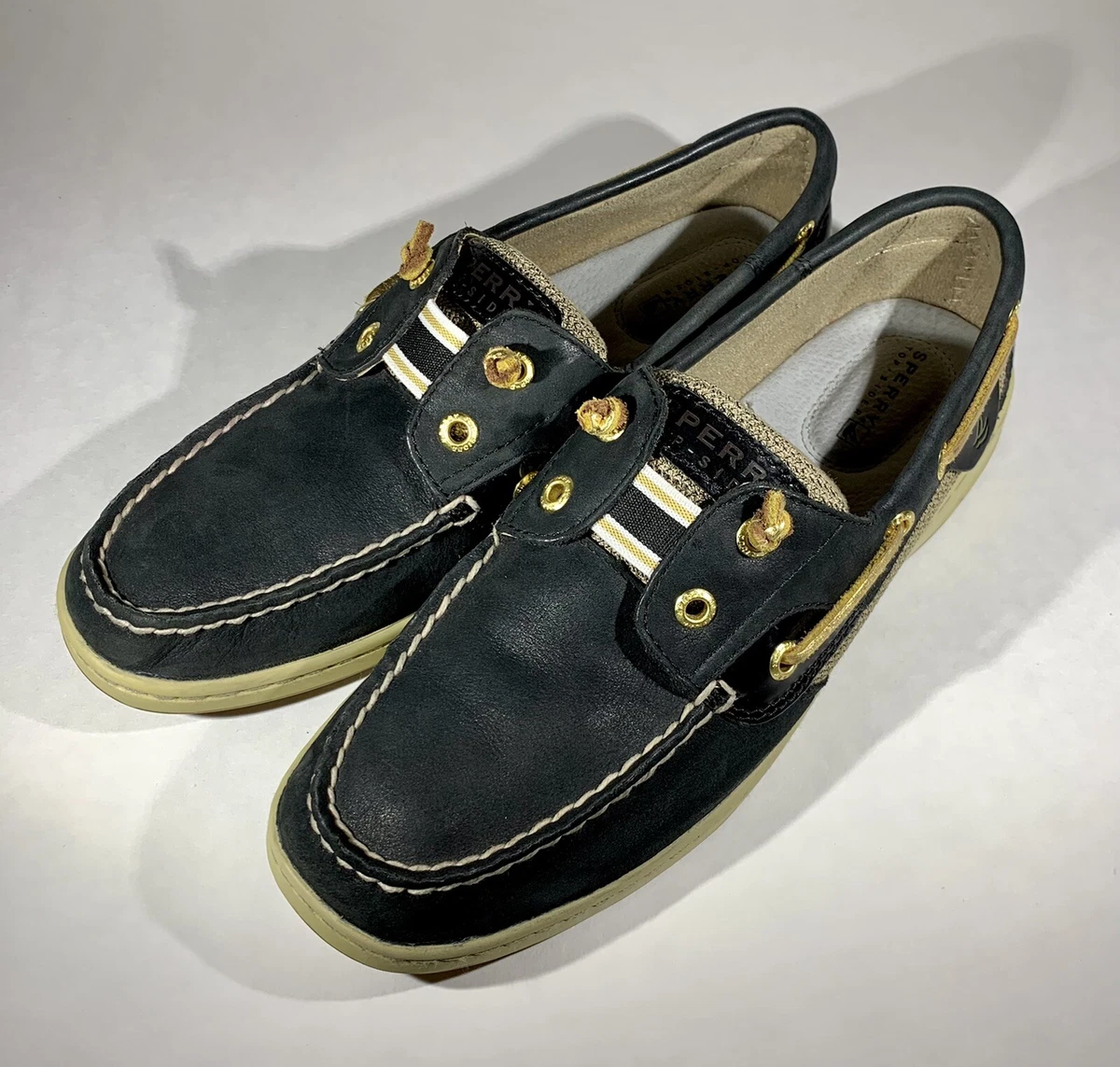 EUC Sperry Top Sider Rainbowfish Black Laceless Slip On Boat Shoes