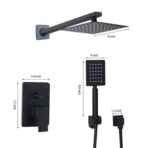 Wall Mounted Black Bathroom 8" Rainfall Head&Hand Spray Mixer Faucet Shower Set - Picture 2 of 8